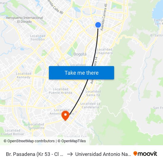 Br. Pasadena (Kr 53 - Cl 102) to Universidad Antonio Nariño map
