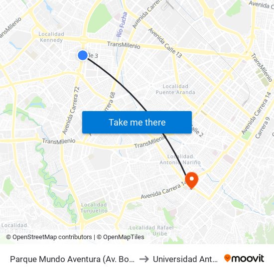 Parque Mundo Aventura (Av. Boyacá - Cl 2a Bis) (A) to Universidad Antonio Nariño map