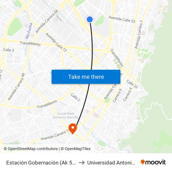 Estación Gobernación (Ak 50 - Ac 26) to Universidad Antonio Nariño map
