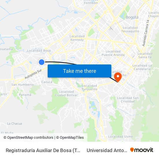 Registraduría Auxiliar De Bosa (Tv 78l - Dg 69c Sur) to Universidad Antonio Nariño map