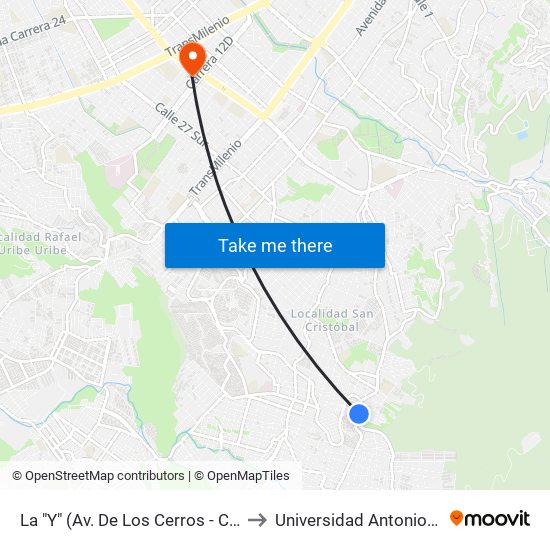 La "Y" (Av. De Los Cerros - Cl 37 Sur) to Universidad Antonio Nariño map