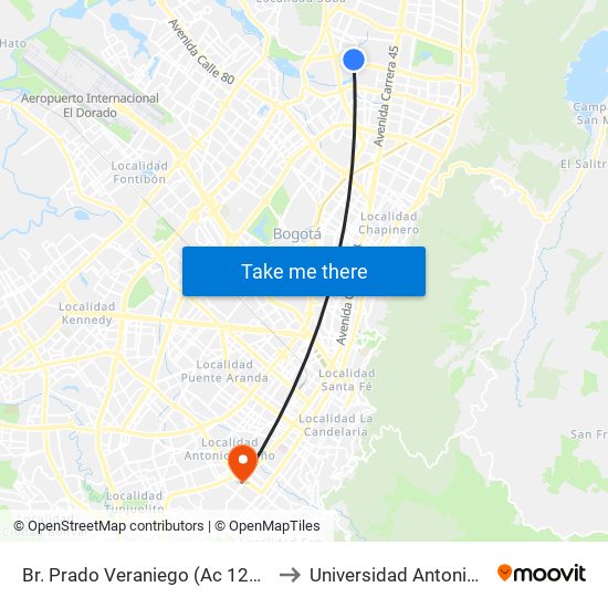 Br. Prado Veraniego (Ac 127 - Kr 56b) to Universidad Antonio Nariño map