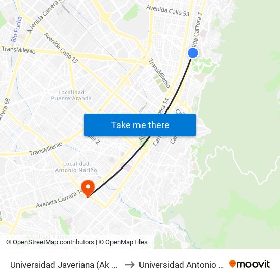 Universidad Javeriana (Ak 7 - Cl 40) to Universidad Antonio Nariño map