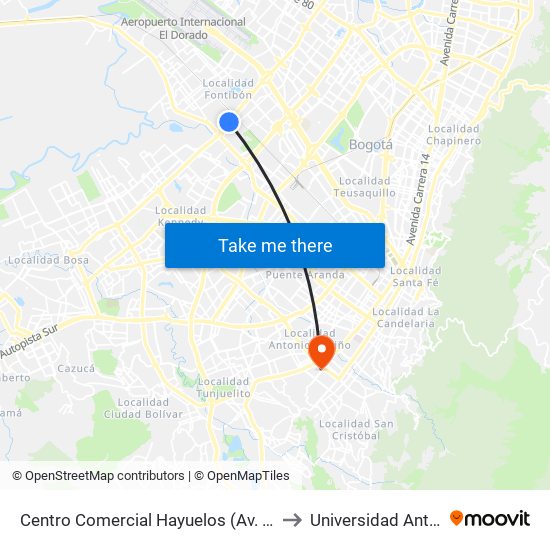 Centro Comercial Hayuelos (Av. C. De Cali - Cl 20) (A) to Universidad Antonio Nariño map