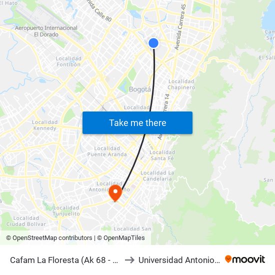 Cafam La Floresta (Ak 68 - Cl 98) (A) to Universidad Antonio Nariño map