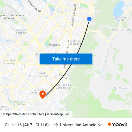 Calle 116 (Ak 7 - Cl 116) (A) to Universidad Antonio Nariño map