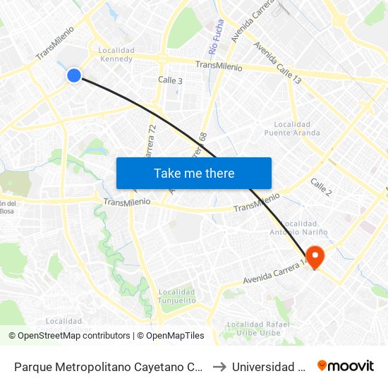 Parque Metropolitano Cayetano Cañizares (Av. A. Mejía - Cl 38 Sur) to Universidad Antonio Nariño map