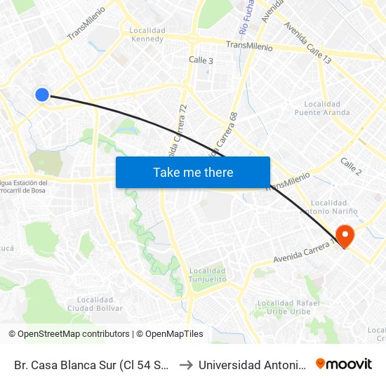 Br. Casa Blanca Sur (Cl 54 Sur - Kr 80d) to Universidad Antonio Nariño map