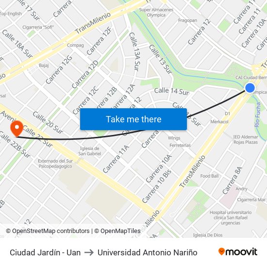 Ciudad Jardín - Uan to Universidad Antonio Nariño map