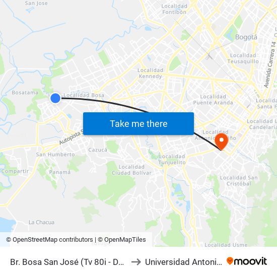Br. Bosa San José (Tv 80i - Dg 90 Sur) (A) to Universidad Antonio Nariño map