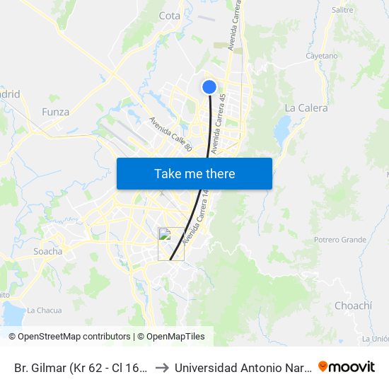 Br. Gilmar (Kr 62 - Cl 162a) to Universidad Antonio Nariño map