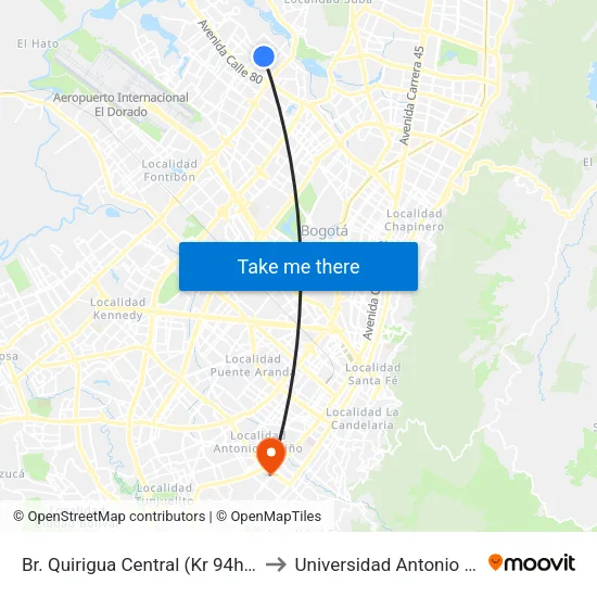 Br. Quirigua Central (Kr 94h - Cl 84) to Universidad Antonio Nariño map
