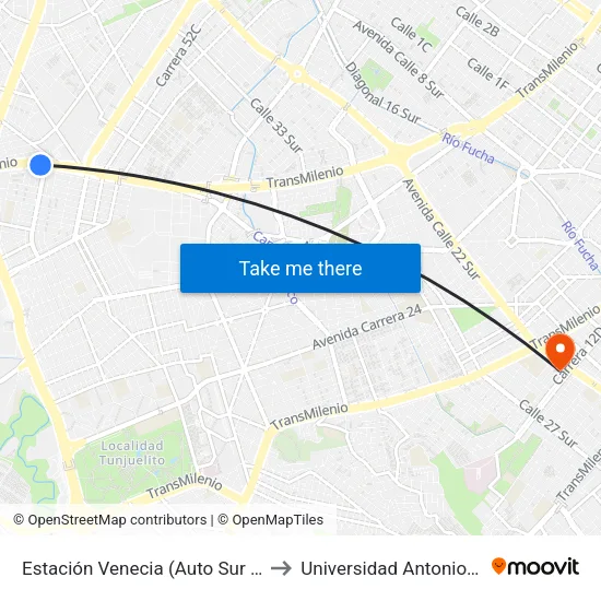 Estación Venecia (Auto Sur - Kr 54a) to Universidad Antonio Nariño map