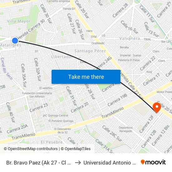 Br. Bravo Paez (Ak 27 - Cl 35 Sur) to Universidad Antonio Nariño map
