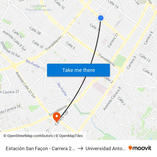 Estación San Façon - Carrera 22 (Ac 13 - Tv 22) to Universidad Antonio Nariño map