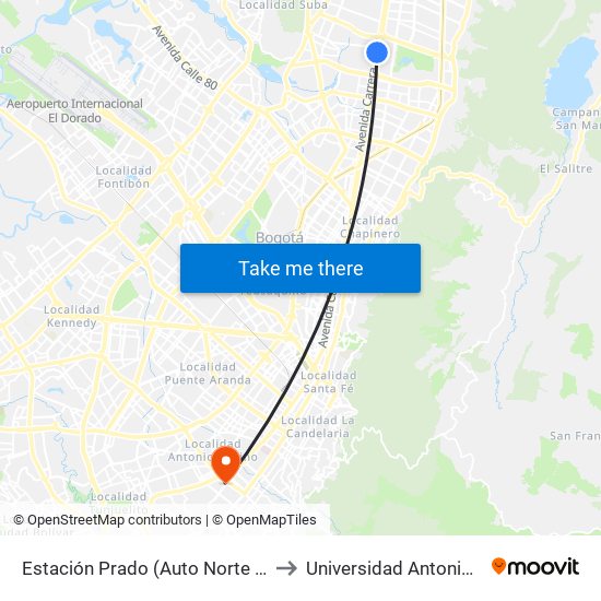 Estación Prado (Auto Norte - Cl 128a) to Universidad Antonio Nariño map