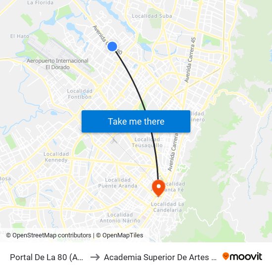 Portal De La 80 (Ac 80 - Tv 94l) to Academia Superior De Artes De Bogota - Asab map