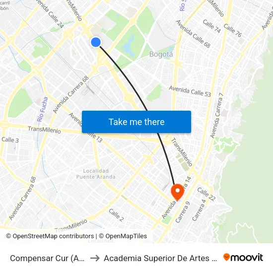 Compensar Cur (Ac 26 - Kr 69) to Academia Superior De Artes De Bogota - Asab map