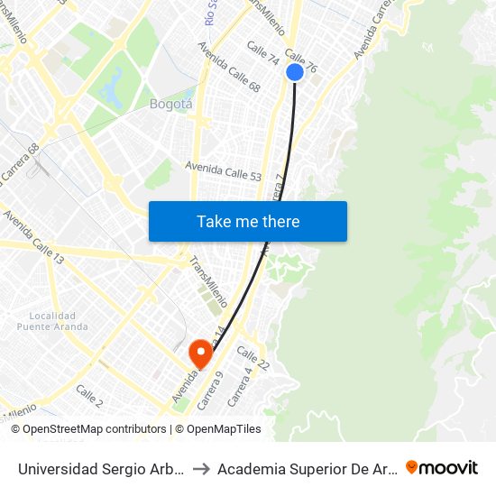 Universidad Sergio Arboleda (Cl 74 - Kr 13) to Academia Superior De Artes De Bogota - Asab map