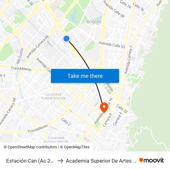 Estación Can (Ac 26 - Kr 59) (B) to Academia Superior De Artes De Bogota - Asab map