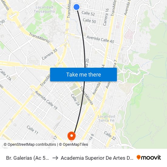 Br. Galerías (Ac 53 - Kr 27a) to Academia Superior De Artes De Bogota - Asab map