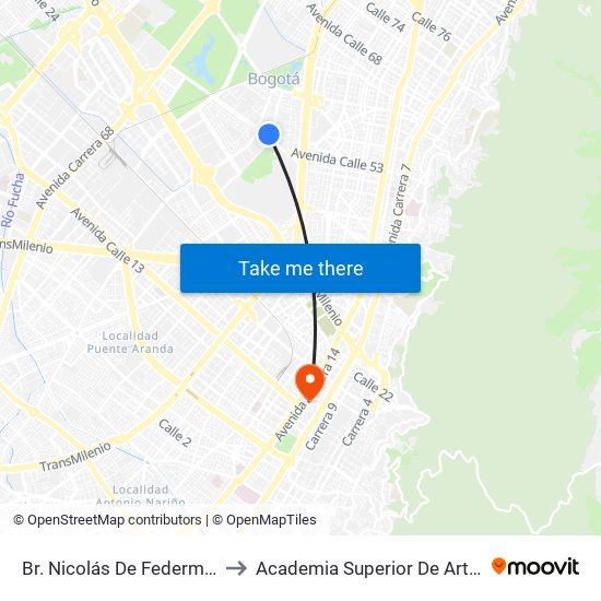 Br. Nicolás De Federmán (Ac 53 - Kr 46) to Academia Superior De Artes De Bogota - Asab map