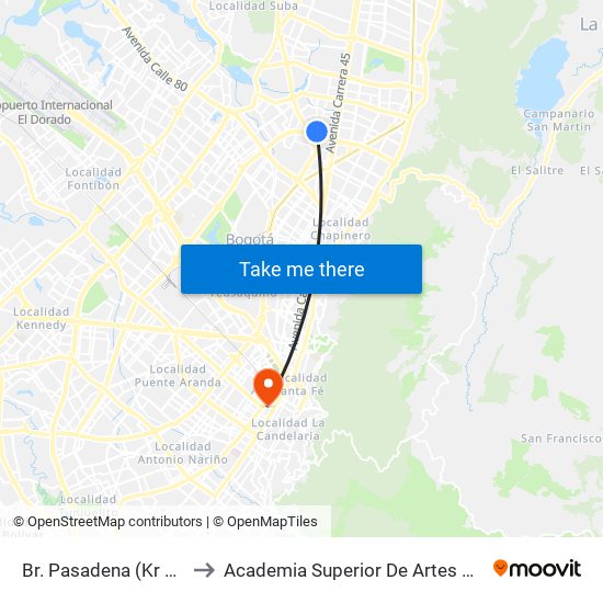 Br. Pasadena (Kr 53 - Cl 102) to Academia Superior De Artes De Bogota - Asab map