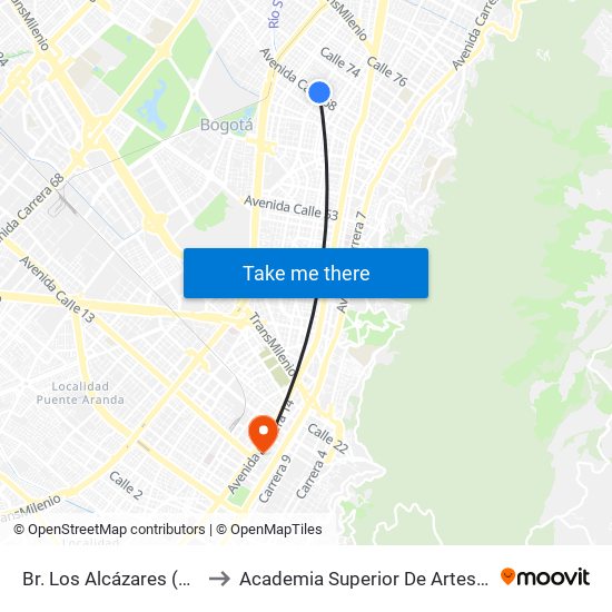 Br. Los Alcázares (Ak 24 - Ac 68) to Academia Superior De Artes De Bogota - Asab map