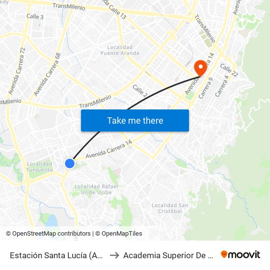 Estación Santa Lucía (Av. Caracas - Dg 45c Sur) to Academia Superior De Artes De Bogota - Asab map