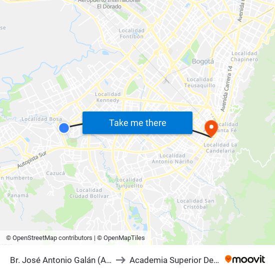 Br. José Antonio Galán (Av. A. Mejía - Cl 58k Sur) (A) to Academia Superior De Artes De Bogota - Asab map