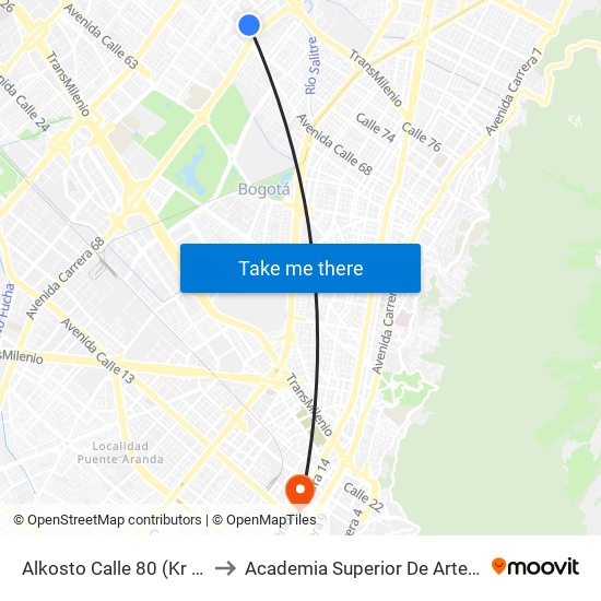 Alkosto Calle 80 (Kr 68c - Cl 73 Bis) to Academia Superior De Artes De Bogota - Asab map