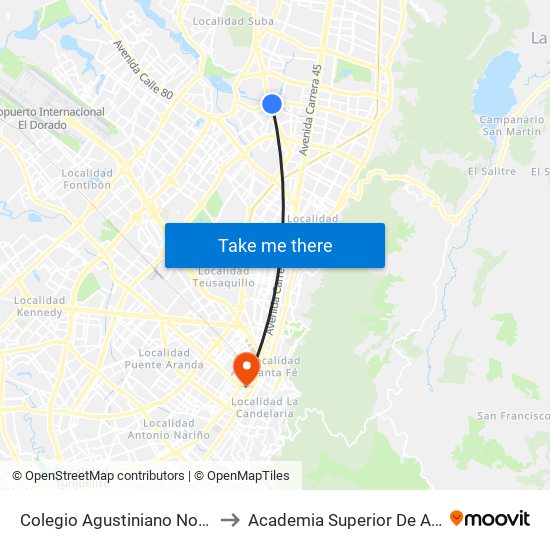 Colegio Agustiniano Norte (Ac 116 - Av. Suba) to Academia Superior De Artes De Bogota - Asab map