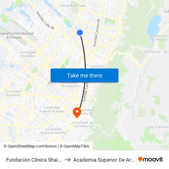 Fundación Clínica Shaio (Ac 116 - Kr 70d) to Academia Superior De Artes De Bogota - Asab map