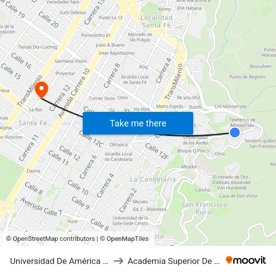 Universidad De América (Av. Circunvalar - Cl 19a) to Academia Superior De Artes De Bogota - Asab map