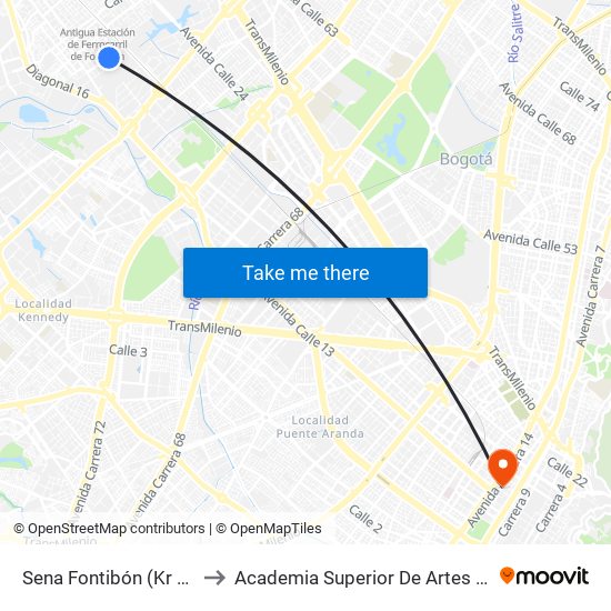 Sena Fontibón (Kr 96c - Cl 20a) to Academia Superior De Artes De Bogota - Asab map