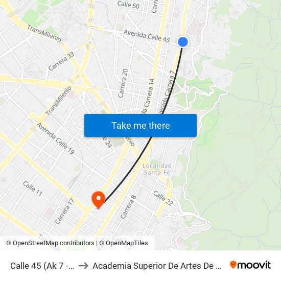 Calle 45 (Ak 7 - Ac 45) to Academia Superior De Artes De Bogota - Asab map