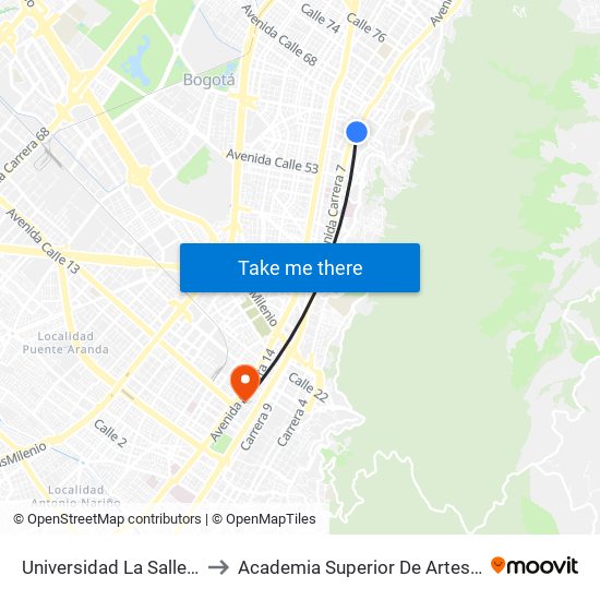 Universidad La Salle (Ak 7 - Cl 61) to Academia Superior De Artes De Bogota - Asab map