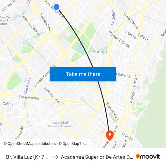 Br. Villa Luz (Kr 77a - Cl 63c) to Academia Superior De Artes De Bogota - Asab map