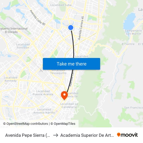 Avenida Pepe Sierra (Av. Suba - Cl 115) to Academia Superior De Artes De Bogota - Asab map