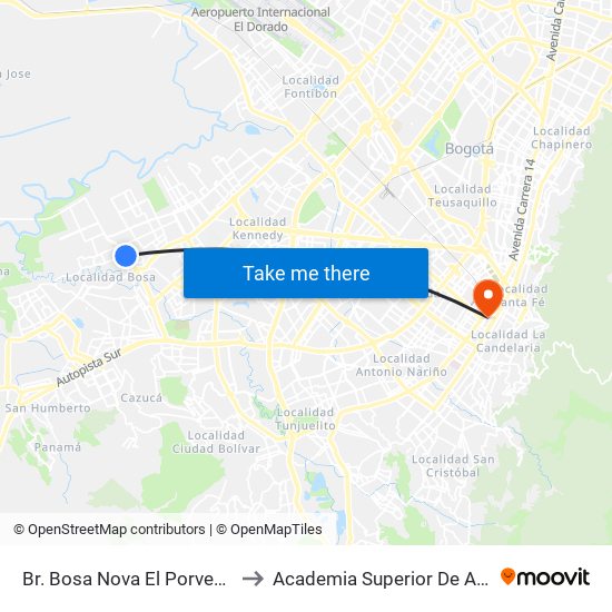 Br. Bosa Nova El Porvenir (Kr 87c - Cl 60 Sur) to Academia Superior De Artes De Bogota - Asab map