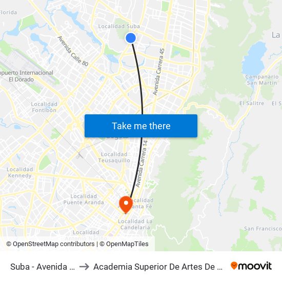 Suba - Avenida Boyacá to Academia Superior De Artes De Bogota - Asab map