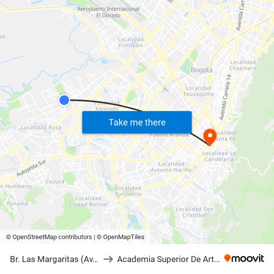 Br. Las Margaritas (Av. Tintal - Cl 49 Sur) to Academia Superior De Artes De Bogota - Asab map