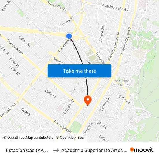 Estación Cad (Av. NQS - Cl 22c) to Academia Superior De Artes De Bogota - Asab map