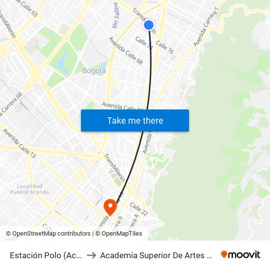 Estación Polo (Ac 80 - Kr 27) to Academia Superior De Artes De Bogota - Asab map