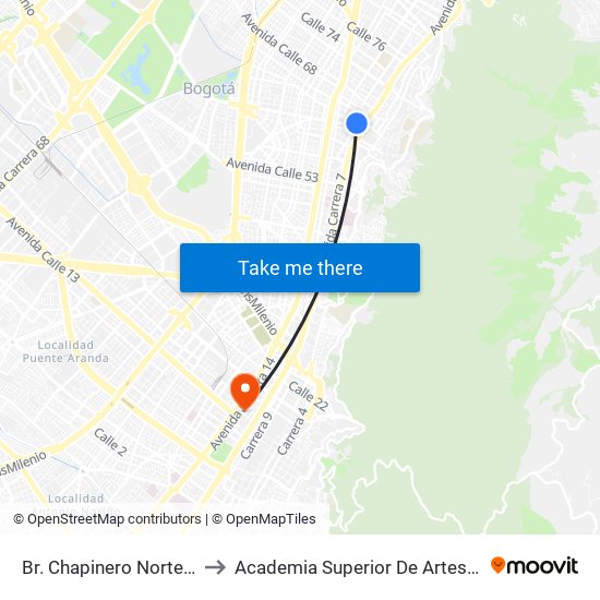 Br. Chapinero Norte (Kr 9 - Cl 64) to Academia Superior De Artes De Bogota - Asab map