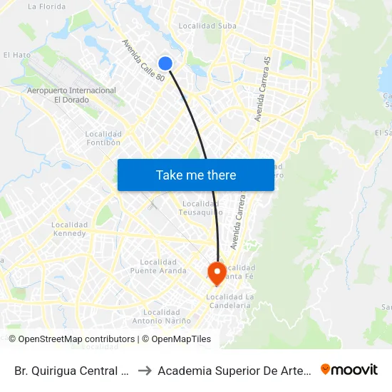 Br. Quirigua Central (Kr 94h - Cl 84) to Academia Superior De Artes De Bogota - Asab map