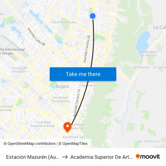 Estación Mazurén (Auto Norte - Cl 152) to Academia Superior De Artes De Bogota - Asab map