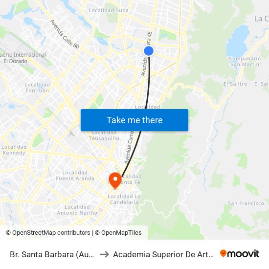 Br. Santa Barbara (Auto Norte - Cl 116) to Academia Superior De Artes De Bogota - Asab map