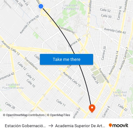 Estación Gobernación (Ac 26 - Kr 51) to Academia Superior De Artes De Bogota - Asab map