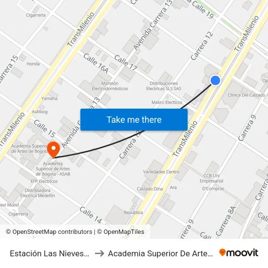 Estación Las Nieves (Ak 10 - Cl 17) to Academia Superior De Artes De Bogota - Asab map